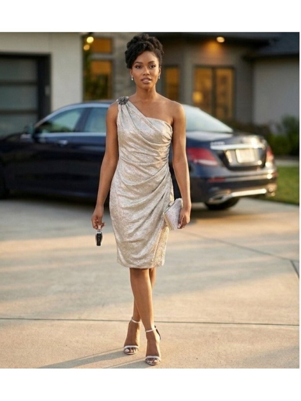 Maggy London Sz 4 One Shoulder Ruched Metallic Champagne Cocktail Dress Glamour